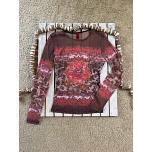 Rare Vintage Just In Time Sheer Mesh Floral Long Sleeve Shirt